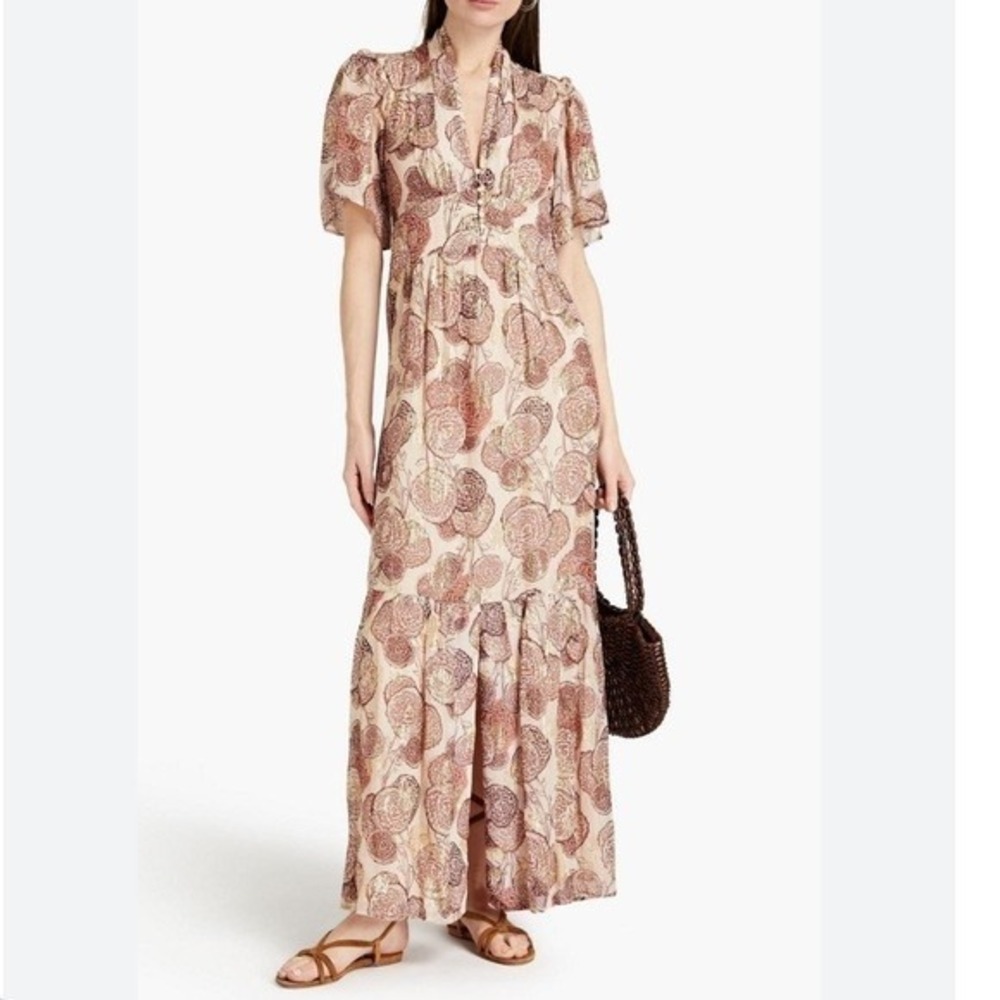ba&sh Hide Veux Rose Metallic Floral Maxi Dress Size 1